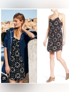 Madewell Starview Batik Grid Silk Cami Dress Black Size 00 w/Pockets🤠